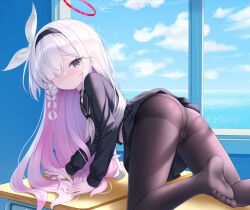  all_fours ass ass_focus black_choker black_hairband black_pantyhose black_sailor_collar black_serafuku blue_archive braid cementite choker clothes_lift colored_inner_hair desk female hair_over_one_eye hairband halo highres long_hair looking_at_viewer looking_back multicolored_hair neckerchief no_shoes ocean on_desk panties panties_under_pantyhose pantyhose pantyshot plana_(blue_archive) red_halo red_pupils ribbon sailor_collar school_uniform serafuku single_braid skirt skirt_lift toes umbrella_gun underwear white_neckerchief white_ribbon 