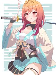  absurdres blush breasts chest_sarashi cleavage colored_inner_hair cosplay female fingerless_gloves gloves highres holding holding_sword holding_weapon hololive hololive_dev_is ichijou_ririka japanese_clothes katana kazama_iroha kazama_iroha_(1st_costume) kazama_iroha_(cosplay) kuchitani large_breasts medium_hair multicolored_hair navel orange_eyes orange_hair pink_hair sarashi skirt smile solo sword thighs virtual_youtuber weapon 