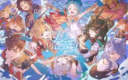  3boys 6+girls ^_^ afterimage armor arms_up bangle beatrix_(granblue_fantasy) beelzebub_(granblue_fantasy) black_gloves black_hair blonde_hair blue_hair blush bow bowtie bracelet breastplate breasts cagliostro_(granblue_fantasy) candy chocolate cleavage closed_eyes dark-skinned_male dark_skin dragon dress english_text fingerless_gloves food food_on_face frown gloves granblue_fantasy hair_ornament hairband hand_on_own_chin heart heart-shaped_chocolate holding holding_letter horns jewelry lancelot_(granblue_fantasy) letter lobelia_(granblue_fantasy) long_hair lyria_(granblue_fantasy) medium_breasts multicolored_hair multiple_boys multiple_girls official_art one_eye_closed open_mouth orange_hair outstretched_arms parted_bangs partially_fingerless_gloves payila_(granblue_fantasy) pointy_ears purple_eyes purple_hair reaching reaching_towards_viewer short_hair sleeveless sleeveless_dress small_breasts smile speed_lines streaked_hair tikoh tweyen_(granblue_fantasy) upper_body very_short_hair vyrn_(granblue_fantasy) white_dress white_gloves white_hair yuni_(granblue_fantasy) zeta_(granblue_fantasy) 