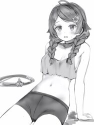  absurdres ahoge bare_arms bare_shoulders blush braid breasts cowboy_shot crotch_seam female greyscale hair_flaps hair_ornament hairclip highres hololive long_hair medium_breasts midriff monochrome nanashi_(nlo) navel open_mouth reclining simple_background solo star_(symbol) star_hair_ornament tokino_sora twin_braids virtual_youtuber 