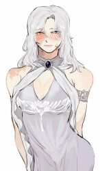  1boy alternate_hair_length alternate_hairstyle bare_shoulders blush cleavage_cutout closed_mouth clothing_cutout contrapposto cowboy_shot dark_souls_(series) dark_souls_i dark_sun_gwyndolin dress grey_dress grey_hair highres long_hair male_focus no_headwear otoko_no_ko simple_background solo sweat white_background zunkome 