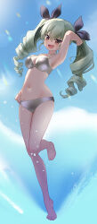  absurdres anchovy_(girls_und_panzer) barefoot bikini blackminolith_(2ne) blue_sky breasts brown_eyes cloud commission drill_hair female full_body girls_und_panzer green_hair highres long_hair looking_at_viewer medium_breasts open_mouth pixiv_commission shiny_swimsuit side-tie_bikini_bottom silver_bikini sky smile solo standing standing_on_one_leg swimsuit twin_drills 