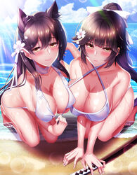  2girls animal_ear_fluff animal_ears atago_(azur_lane) atago_(summer_march)_(azur_lane) azur_lane beach bikini blue_sky blunt_bangs blush breasts brown_eyes brown_hair cleavage cloud commentary_request commission day flower hair_between_eyes hair_flower hair_ornament hair_ribbon highres horns kneeling lens_flare long_hair looking_at_viewer multiple_girls official_alternate_costume outdoors ponytail ribbon shiny_skin skeb_commission sky smile swimsuit sword takao_(azur_lane) takao_(beach_rhapsody)_(azur_lane) weapon wet white_bikini wooden_sword yuuzuki_hijiri 