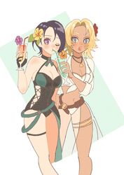  2girls bikini black_one-piece_swimsuit blonde_hair blue_hair breasts casual_one-piece_swimsuit catherine_(fire_emblem) catherine_(summer)_(fire_emblem) chimney_(chimney0311) cleavage commentary_request cup dark_skin drinking_straw fire_emblem fire_emblem:_three_houses fire_emblem_heroes flower hair_flower hair_ornament highres holding holding_cup looking_at_viewer multiple_girls official_alternate_costume one-piece_swimsuit one_eye_closed open_mouth ponytail sarong shamir_nevrand shamir_nevrand_(summer) swimsuit walking white_bikini white_sarong 