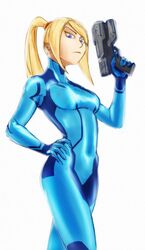  blonde_hair blue_eyes bodysuit commentary cowboy_shot english_commentary female gun hand_on_own_hip handgun holding holding_gun holding_weapon long_hair md5_mismatch metroid paralyzer ponytail samus_aran skin_tight solo swept_bangs thomas_bramall weapon zero_suit 