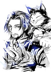  1boy cait_sith facial_hair feline final_fantasy final_fantasy_vii krst00 long_hair looking_at_viewer reeve_tuesti shoulder_perch signature sitting smile 