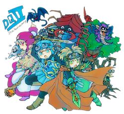  2boys bad_id bad_pixiv_id blonde_hair bodysuit cape commentary_request curly_hair dracky dragon_quest dragon_quest_ii dress female goggles goggles_on_head goggles_on_headwear hat hood hood_up long_hair mifune_(inuzame) monster multiple_boys open_mouth prince_of_lorasia prince_of_samantoria princess_of_moonbrook shield short_hair slime_(dragon_quest) spiked_hair staff standing sword tree weapon 