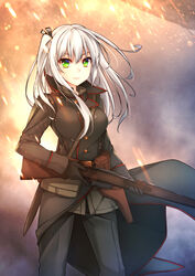  battlefield_(series) battlefield_1 belt_pouch black_gloves coat commentary_request cowboy_shot female gloves green_eyes gun hair_ribbon healther highres holster long_hair looking_at_viewer one_side_up pouch ribbon rifle serious solo sparks weapon white_hair world_war_i 