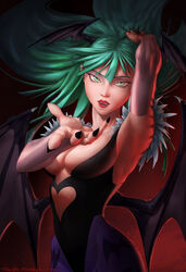  animal_print bat_print black_nails blowing_kiss breasts bridal_gauntlets cleavage commentary demon_girl demon_wings elbow_gloves english_commentary female fingernails gloves green_eyes green_hair head_wings lips long_hair looking_at_viewer low_wings medium_breasts morrigan_aensland nail_polish pantyhose print_pantyhose purple_pantyhose sharp_fingernails solo thomas_bramall vampire_(game) wings 