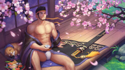  1boy abs artist_request bara bare_pectorals bare_shoulders beard black_cat black_hair black_kimono bulge canine cherry_blossoms chest_hair convenient_censoring cup facial_hair feet_out_of_frame feline fundoshi gyee hachimaki headband highres japanese_clothes katana kimono lan_(gyee) leg_hair male_focus male_underwear mature_male mianbaobao muscular muscular_male nipples off_shoulder official_art official_wallpaper open_clothes open_kimono pectorals sakazuki shiba_inu short_hair solo spiked_hair stomach sword thighs underwear weapon white_male_underwear 