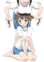  2girls absurdres barefoot between_legs blue_shorts blush breast_rest breasts breasts_on_head brown_hair collarbone commentary grabbing_another&#039;s_hair gym_uniform hand_between_legs hanging_breasts head_out_of_frame highres large_breasts multiple_girls musical_note nedia_(nedia_region) open_mouth original purple_eyes shirt short_sleeves shorts simple_background sitting small_sweatdrop sound_effects standing twintails v_arms wariza white_background white_shirt 