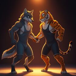  anthro canid canine canis clothed clothing competition duo facing_each_other felid hand_holding male male/male mammal muscular muscular_male pantherine shirt tank_top tiger topwear wolf wrestling 