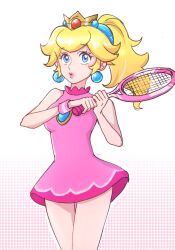  agua_mp blonde_hair blue_eyes crown dress earrings female holding_tennis_racket jewelry mario_(series) mario_tennis official_alternate_costume official_alternate_hairstyle pink_background pink_dress ponytail princess_peach short_dress sleeveless sleeveless_dress solo sphere_earrings tennis_peach two-tone_background white_background 