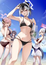  4girls alternate_costume armpits artistic_error aru_(blue_archive) ass bad_anatomy ball bare_legs bare_shoulders beachball bikini black_bikini black_hair blue_archive blue_sky bow breasts cowboy_shot demon_girl demon_horns dress halo haruka_(blue_archive) highres holding holding_ball holding_beachball horns kayoko_(blue_archive) long_hair looking_at_viewer medium_breasts multicolored_hair multiple_girls mutsuki_(blue_archive) navel outdoors pointy_ears problem_solver_68_(blue_archive) purple_bow purple_eyes purple_hair purple_halo red_eyes red_hair red_halo revebw short_hair_with_long_locks sky small_breasts stomach swimsuit thighs two-tone_hair wading white_dress white_hair white_halo yellow_eyes 