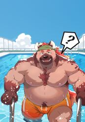  2024 absurd_res anothereidos_of_dragon_vein_r anthro belly big_belly bottomwear bulge chabeau clothing cloud detailed_background hi_res hyena kemono male mammal moobs navel nipples outside overweight overweight_male question_mark shorts solo swimming_pool swimwear tulrang 