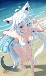  ahoge animal_ear_fluff animal_ears anklet beach bikini blush braid breasts cleavage female fox_ears fox_girl fox_shadow_puppet fox_tail green_eyes grin hair_between_eyes highres holding holding_swim_ring hololive jewelry large_breasts leaning_forward long_hair looking_at_viewer ocean outdoors pentagram seashell shell shirakami_fubuki short_shorts shorts side_braid single_braid smile solo standing starfish swim_ring swimsuit taachika tail virtual_youtuber water white_bikini white_hair white_shorts 