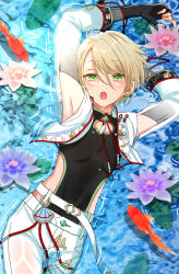  1boy :o androgynous arm_behind_back armpit_cutout armpits arms_up belt bishounen black_gloves black_leotard chinese_knot clothing_cutout cowboy_shot cropped_jacket day diamond_o-ring earrings ensemble_stars! fingerless_gloves fish flower_knot from_above gloves green_brooch green_eyes hair_between_eyes half-closed_eyes highres jacket jewelry leotard light_blush lily_pad loose_belt lying male_focus mandarin_collar o-ring o-ring_belt on_back pants partially_submerged raised_eyebrows reira_(reomimi0211) ripples shell_cutout shiratori_aira_(ensemble_stars!) siamese_fighting_fish side_cutout sleeveless sleeveless_jacket solo sunlight swept_bangs teeth upper_teeth_only wet wet_clothes white_belt white_jacket white_pants white_sleeves 