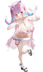  ahoge animal_ears bikini black_footwear blue_hair blue_nails blush bow braid breasts cat_ears cat_tail cleavage closed_mouth collarbone colored_inner_hair commentary_request female fingernails frilled_anklet frilled_bikini frills full_body groin hairband hairbow highres hololive huge_breasts jacket light_blue_hair long_hair looking_at_viewer minato_aqua multicolored_hair nail_polish navel open_clothes open_jacket pink_bikini pink_eyes pink_hair pink_jacket pom_pom_(clothes) revision saki_(saki_paint) sandals shy simple_background solo standing standing_on_one_leg stomach streaked_hair striped_bikini striped_clothes swimsuit tail thighs tiptoes toenail_polish toenails toes twin_braids twintails two-tone_hair virtual_youtuber w white_background white_bow white_hairband 