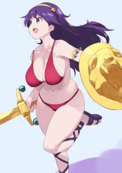  :d armlet athena_(series) bikini breasts collarbone commentary_request coveredcore curvy female foot_out_of_frame gladiator_sandals highres holding holding_shield holding_sword holding_weapon huge_breasts jewelry long_hair navel plump princess_athena purple_hair red_bikini running sandals shadow shield simple_background skindentation smile solo swimsuit sword tiara weapon 