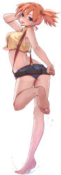  arm_up armpits ass back bare_arms bare_shoulders barefoot belt blue_eyes blue_shorts breasts cropped_vest denim denim_shorts double-parted_bangs feet female flat_ass foot_focus foot_up full_body hair_between_eyes highres kasumi_(pokemon) kneepits long_bangs long_hair looking_at_viewer loose_belt medium_breasts midriff momdy_(talesshinja) one_side_up orange_hair pokemon pokemon:_the_electric_tale_of_pikachu short_shorts shorts smile soles solo standing suspenders taut_clothes tiptoes toes tongue tongue_out twisted_torso underboob vest wet zipper zipper_pull_tab 