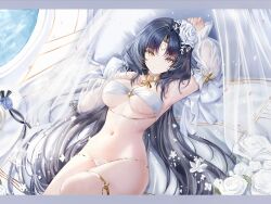  absurdres age_fx azur_lane bare_shoulders bikini black_hair breasts cleavage female grey_eyes heterochromia highres large_breasts long_hair looking_at_viewer navel parted_bangs roma_(azur_lane) roma_(vacation_upon_the_tiber)_(azur_lane) smile solo swimsuit thighs yellow_eyes 