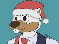  2022 anthro beaver brown_body brown_fur brown_nose buckteeth bust_portrait christmas christmas_clothing christmas_headwear clothed clothing collared_shirt digital_drawing_(artwork) digital_media_(artwork) dress_shirt fan_character firealpaca_(artwork) flat_colors fur hat headgear headwear hi_res holidays male mammal necktie portrait red_necktie rodent santa_hat savy_(artist) shirt signature simple_background smile snout solo teal_background teeth toontown_online topwear vest white_body white_clothing white_fur white_shirt white_topwear 