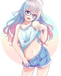  ahoge bare_shoulders breasts camisole clothes_grab clothes_lift clothes_pull collarbone cowboy_shot denim denim_shorts glasses gradient_background gradient_hair grey_hair highres jewelry looking_at_viewer midriff multicolored_hair navel necklace open_mouth original pants pants_pull pink_hair purple-framed_eyewear shigyomusume shirt_lift short_shorts shorts simple_background small_breasts smile teeth upper_teeth_only white_camisole 