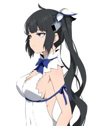  black_hair blue_bow blue_bowtie blue_eyes blue_ribbon blunt_bangs bow bowtie breasts cleavage cleavage_cutout closed_mouth clothing_cutout commentary_request covered_navel dress dungeon_ni_deai_wo_motomeru_no_wa_machigatteiru_darou_ka expressionless female hair_ornament hair_ribbon hestia_(danmachi) highres jitome large_breasts long_hair rei_no_himo ribbon sidelocks simple_background solo twintails upper_body white_background white_dress yasehattagi 