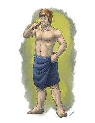  5_fingers 5_toes brown_hair brush brushing brushing_teeth digital_drawing_(artwork) digital_media_(artwork) feet fingers green_eyes hair human imminent_transformation male mammal navel nipples plantigrade shaded signature simple_background solo standing toes toothbrush toothpaste_foam towel towel_around_waist wfa 