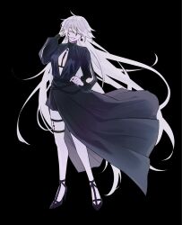  asymmetrical_dress belt black_background black_belt black_dress black_footwear center_opening class_miner closed_eyes commentary_request dress facing_viewer fate/grand_order fate_(series) female full_body grin hair_between_eyes hand_on_own_cheek hand_on_own_face high_heels highres jeanne_d&#039;arc_alter_(fate) jeanne_d&#039;arc_alter_(flames_of_applause)_(fate) korean_commentary layered_dress long_dress long_hair long_sleeves puffy_sleeves shoes simple_background smile solo standing thigh_strap turtleneck turtleneck_dress very_long_hair white_hair 