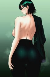  absurdres ass breasts from_behind fubuki_(one-punch_man) green_background green_eyes green_hair green_nails hair_behind_ear hand_on_own_thigh highres jacket jacket_on_shoulders looking_back mostlybluewyatt one-punch_man short_hair sideboob sportswear sweat 