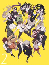  6+boys 6+girls ahoge bandaged_arm bandaged_leg bandages black_bow black_dress black_hair black_jacket black_serafuku black_thighhighs blonde_hair blue_eyes blue_hair blue_skirt blue_thighhighs bow bowtie braid brown_hair camera chains cham-p coat collared_shirt danganronpa_(series) danganronpa_2:_goodbye_despair dark-skinned_female dark_skin dress everyone food fork from_above glasses green_bow green_coat green_jumpsuit green_necktie grey_eyes grey_hair hair_ribbon hamster hanamura_teruteru highres hinata_hajime holding holding_camera holding_fork holding_plate jacket japanese_clothes jum-p jumpsuit kimono koizumi_mahiru komaeda_nagito kuzuryu_fuyuhiko long_hair looking_at_another looking_at_viewer looking_to_the_side looking_up maga-g mary_janes mioda_ibuki mismatched_thighhighs mt2_(sub_mmt) multicolored_hair multiple_boys multiple_girls nanami_chiaki neckerchief necktie nidai_nekomaru obi open_clothes open_jacket orange_eyes orange_kimono owari_akane partially_unbuttoned pekoyama_peko pink_eyes pink_footwear pink_hair pink_shirt pink_thighhighs plate pleated_skirt puffy_short_sleeves puffy_sleeves purple_eyes purple_scarf red_bow red_bowtie red_footwear red_hair red_neckerchief red_necktie red_skirt ribbon saionji_hiyoko sandals sash scar scar_across_eye scar_on_leg scarf school_uniform serafuku shirt shoes short_hair short_sleeves sideburns simple_background skirt soda_kazuichi sonia_nevermind streaked_hair striped_clothes sun-d tanaka_gundham thighhighs togami_byakuya_(danganronpa_2) torn_clothes torn_thighhighs tsumiki_mikan twin_braids twintails twitter_username two-tone_hair white_footwear white_hair white_ribbon white_shirt yellow_background 