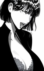  absurdres black_hair bra breasts cleavage female fubuki_(one-punch_man) greyscale hair_behind_ear highres jacket looking_at_viewer monochrome mostlybluewyatt one-punch_man open_clothes open_jacket short_hair signature tongue tongue_out underwear upper_body 