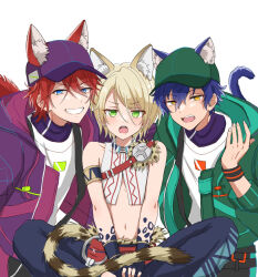  3boys age_difference amagi_rinne animal_ears armlet baseball_cap bishounen black_pants blonde_hair blue_eyes blue_hair boy_sandwich brooch chest_strap coat crop_top dark_blue_hair ensemble_stars! green_coat green_eyes green_hat grin hair_between_eyes hand_up hat highres indian jewelry leaning_forward looking_at_viewer male_focus multiple_boys navel oerba_yun_fang official_alternate_costume open_mouth pants purple_coat purple_hat red_hair reira_(reomimi0211) sandwiched sazanami_jun shiratori_aira_(beasts&#039;_survival)_(ensemble_stars!) shiratori_aira_(ensemble_stars!) shirt short_hair shoulder-to-shoulder simple_background sitting sleeveless smile split_mouth stomach straight-on striped_tail sweatband t-shirt tail teeth upper_teeth_only v-shaped_eyes v_arms white_background white_shirt yellow_eyes 