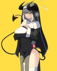  absurdres black_dress closed_mouth cowboy_shot demon_girl demon_horns demon_tail dress english_commentary female halo highres horns large_pectorals lemehdo long_sleeves nun original pectorals pelvic_curtain praying solo tail thighhighs white_hair white_thighhighs yellow_background yellow_eyes 