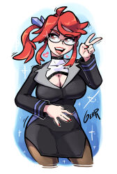  ahoge artist_name black_jacket black_pantyhose breasts brown_pantyhose cleavage cleavage_cutout clothing_cutout collarbone cropped_legs female formal gerph glasses hand_up highres jacket large_breasts long_hair long_sleeves lorelei_(pokemon) low-cut pantyhose pencil_skirt pokemon pokemon_lgpe ponytail red_eyes red_hair semi-rimless_eyewear sidelocks skirt solo turtleneck v 