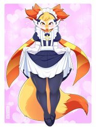  aaron_akio anthro blush bowing braixen clothed clothing crossdressing curtsey dress embarrassed footwear fur generation_6_pokemon head_down heterochromia hi_res jewelry legwear looking_at_viewer maid_headdress maid_uniform male mary_janes necklace nikkibunn nintendo pokemon pokemon_(species) shoes simple_background socks solo standing stockings tail thigh_highs uniform white_body yellow_body yellow_fur 