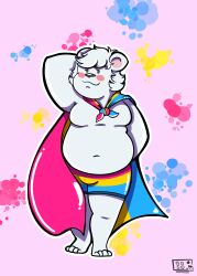  absurd_res anthro bear belly blush cape clothing echo_(calahootheyeen) fur hair hand_behind_back hand_behind_head hi_res lgbt_pride male mammal medium_length_hair moobs navel overweight overweight_anthro overweight_male paint_splatter pansexual_pride_colors polar_bear pride_colors salsa_squad solo underwear ursine white_body white_fur white_hair 