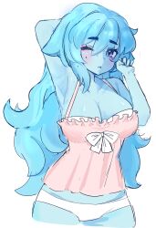  absurdres armpits babydoll blue_eyes blue_hair blue_skin breasts cleavage clenched_hand colored_skin english_commentary female hair_between_eyes highres indie_virtual_youtuber komewgi komewgi_(vtuber) long_hair looking_at_viewer medium_breasts mole mole_under_eye one_eye_closed open_mouth panties pink_babydoll pink_eyes purple_eyes simple_background solo underwear very_long_hair virtual_youtuber white_background white_panties 