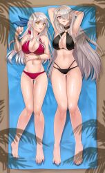  2girls absurdres ass_visible_through_thighs beach bikini black_bikini breasts cleavage commission earrings feet fire_emblem fire_emblem:_radiant_dawn gloves grey_hair hair_over_one_eye hair_ribbon hazuki_(nyorosuke) highres hoop_earrings huge_breasts jewelry large_breasts long_hair looking_at_viewer lying micaiah_(fire_emblem) multiple_girls navel original palm_tree purple_bikini purple_eyes ribbon shadow swimsuit tree very_long_hair vgen_commission yellow_eyes 