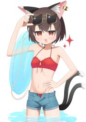  :d absurdres animal_ear_fluff animal_ear_piercing animal_ears arm_up asakura_haru bikini brown_eyes brown_hair cat-shaped_eyewear cat_ears cat_tail chen commentary_request cowboy_shot denim denim_shorts double-parted_bangs earrings female flat_chest halterneck hand_on_own_hip highres innertube jewelry jitome multiple_tails navel nekomata oerba_yun_fang open_fly open_mouth orange_eyes red_bikini see-through short_hair short_shorts shorts simple_background single_earring smile solo sparkle swim_ring swimsuit tail touhou two_tails v-shaped_eyebrows wading water white_background 