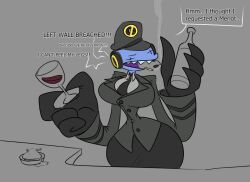  2020s 2023 alternate_costume ashtray black_gloves blue_skin female female gloves headset labba_the_clown labbatheclown large_breasts large_hips original original_character sharp_teeth simple_background smoking speech suit tagme text_bubble unseen_character unusual_eyes wine wine_bottle wine_glass 