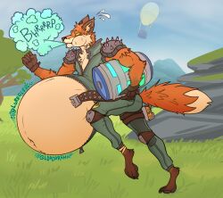  action_pose aircraft anthro balloon barefoot belly belly_expansion belly_inflation belt big_belly bloated bodily_fluids broken_zipper burp_cloud burping canid canine cheek_bulge chest_tuft chug_jug chug_jug_expansion eggo21 epic_games expansion feet fennix_(fortnite) fluffy fluffy_tail fortnite fox fur hi_res holding_jug hot_air_balloon inflatable inflation male mammal muscular muscular_anthro muscular_male navel no_pupils onomatopoeia open_belt open_jumpsuit orange_body orange_eyes orange_fur outside pose rumbling_stomach running shoulder_pads sloshing_belly solo sound_effects spiked_shoulder_pads spikes sweat sweatdrop tail text tuft vehicle zipper 