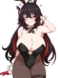  absurdres ahoge animal_ears bare_shoulders black_hair black_leotard blush breasts cleavage colored_inner_hair detached_collar fake_animal_ears female grin hand_in_own_hair heart highres honkai_(series) honkai_impact_3rd large_breasts leotard long_hair looking_at_viewer milliani multicolored_hair pantyhose rabbit_ears red_eyes red_hair seele_(alter_ego) seele_vollerei simple_background sitting smile solo strapless strapless_leotard thigh_strap thighs very_long_hair white_background wrist_cuffs 