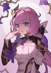  blue_eyes breasts cleavage clothing_cutout corset detached_sleeves elf elysia_(honkai_impact) elysia_(miss_pink_elf)_(honkai_impact) female hair_between_eyes hair_ornament highres honkai_(series) honkai_impact_3rd large_breasts long_hair long_sleeves looking_at_viewer mi_si_lei_da_ke parted_lips pink_hair pointy_ears side_cutout smile thorns upper_body white_corset 