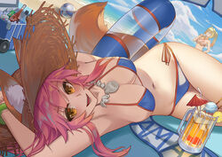  2girls absurdres ahoge animal_ear_fluff animal_ears arms_behind_back beach beach_umbrella bikini blonde_hair blue_bikini blush breasts cleavage cloud cloudy_sky coca-cola commentary cooler criss-cross_halter day ears_through_headwear faceless fate/grand_order fate_(series) food food_in_mouth fox_ears fox_girl fox_tail hair_intakes halterneck hat highres holding holding_food innertube large_breasts long_hair looking_at_viewer lying multiple_girls navel nero_claudius_(fate) nero_claudius_(swimsuit_caster)_(fate) ocean outdoors pink_hair red_bikini side-tie_bikini_bottom sky sling_bikini_top smile straw_hat string_bikini striped_bikini striped_clothes sun_hat swim_ring swimsuit tail tamamo_(fate) tamamo_no_mae_(swimsuit_lancer)_(fate) tamamo_no_mae_(swimsuit_lancer)_(third_ascension)_(fate) twintails type-moon umbrella water yellow_eyes zero_yee 