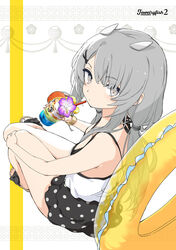  aka_ringo black_one-piece_swimsuit blush bracelet closed_mouth drink drinking_straw female flower grey_eyes grey_hair hair_ornament headgear hibiscus highres holding holding_drink i-201_(kancolle) innertube jewelry kantai_collection long_hair official_alternate_costume one-piece_swimsuit polka_dot polka_dot_swimsuit purple_flower solo swim_ring swimsuit x_hair_ornament 