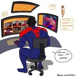  2boys addiction at_computer bara black_hair blue_bodysuit bodysuit chair computer dark-skinned_male dark_skin english_text highres large_pectorals lyla_(marvel) male_focus marvel miguel_o&#039;hara multiple_boys muscular muscular_male patreon_username pectorals peter_b_parker red_bodysuit short_hair sitting spider-man:_across_the_spider-verse spider-man_(2099) spider-man_(series) spider-verse stalking suyohara two-tone_bodysuit 