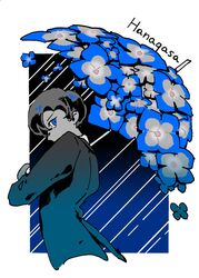  1boy aozukikawasemi black_hair black_jacket blue_background blue_eyes blue_flower blue_theme blue_umbrella border commentary_request covered_mouth cropped_torso flower flower_umbrella gradient_background highres holding holding_umbrella jacket limited_palette looking_at_viewer looking_to_the_side male_focus original outside_border profile rain short_hair sideways_glance solo umbrella white_border 