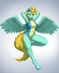  2022 anthro barefoot biped blonde_hair blue_body blue_fur bodysuit breasts clothed clothing cutie_mark digital_media_(artwork) equid equine exposure_variation eyebrows eyelashes feathered_wings feathers feet female foxovh friendship_is_magic fur gradient_background hair hands_behind_head hasbro hi_res hooves lightning_dust_(mlp) looking_at_viewer mammal my_little_pony mythological_creature mythological_equine mythology pegasus shaded simple_background skinsuit solo tight_clothing wings wonderbolts_uniform yellow_eyes 